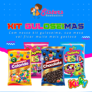 Kit 4 Guloseimas Amendoim Colorido, Bala de goma jujuba, Amendoim de Chocolate, balas Delikate ou Delikuky - 400g